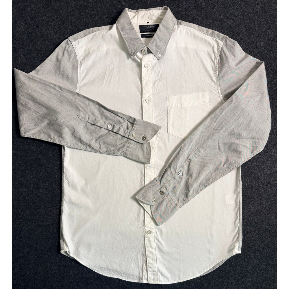 Rag & Bone Mens Slim Fit Medium Button Down Shirt White Gray Modern Preppy